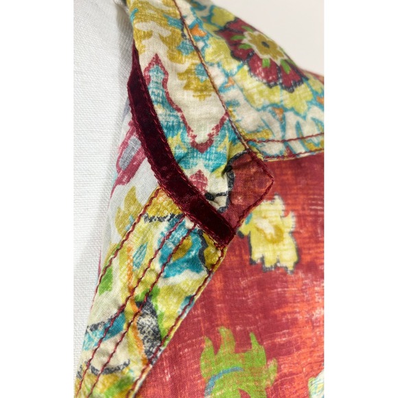 Cino Medallion Button Down Shirt Women's S Velvet Trim Red Crinkle Cotton BOHO - Picture 2 of 12